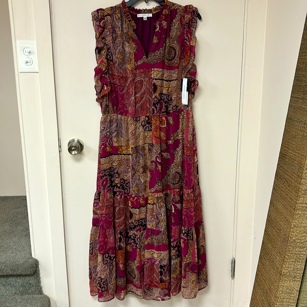 Sandra Darren Sleeveless Ruffle Neck Paisley Fit and Flare Dress